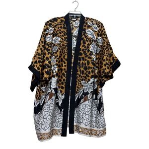 Vintage 80s Leopard Floral Kimono Robe Jacket Women's Open Front Mob Wife 20W
